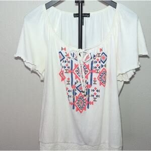 French Laundry XL Tunic Blouse White Embroidered Tie Front Flutter Sleeve